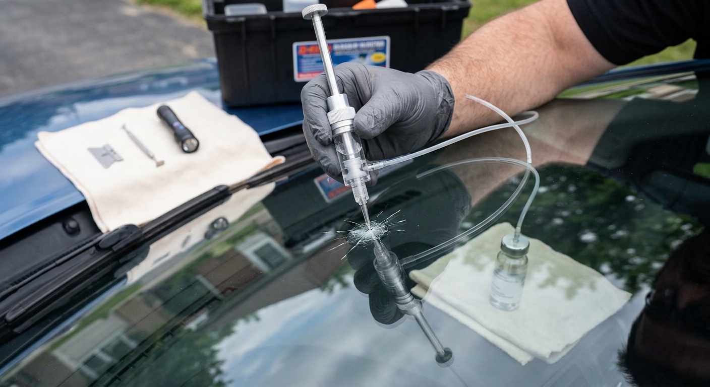 GlassFix Auto technician injecting resin into a windshield chip during repair