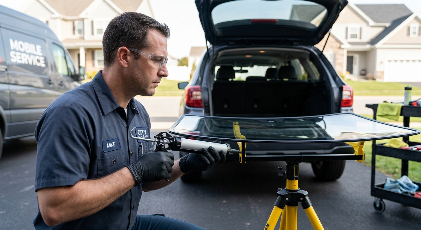 GlassFix Auto technician sealing a rear window before installation, mobile service van in background