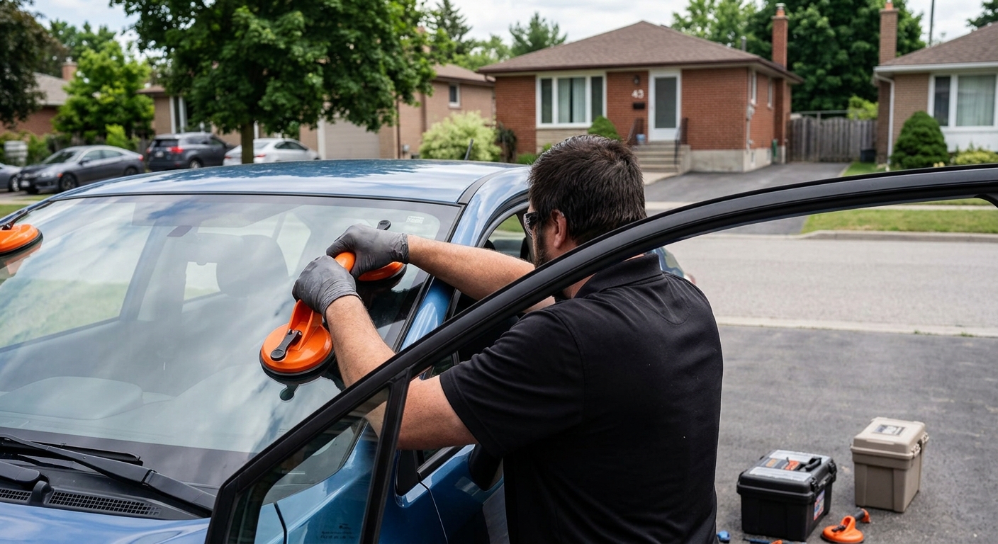 GlassFix Auto technician replacing a windshield using suction cup tools
